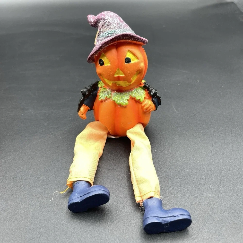 Set of 2 Halloween Jack O Lantern Shelf Sitters Pumpkin Scarecrow Witch Decor